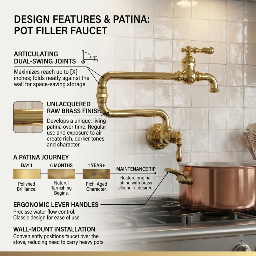 Wall-Mounted Brass Pot Filler Faucet with Folding Arm