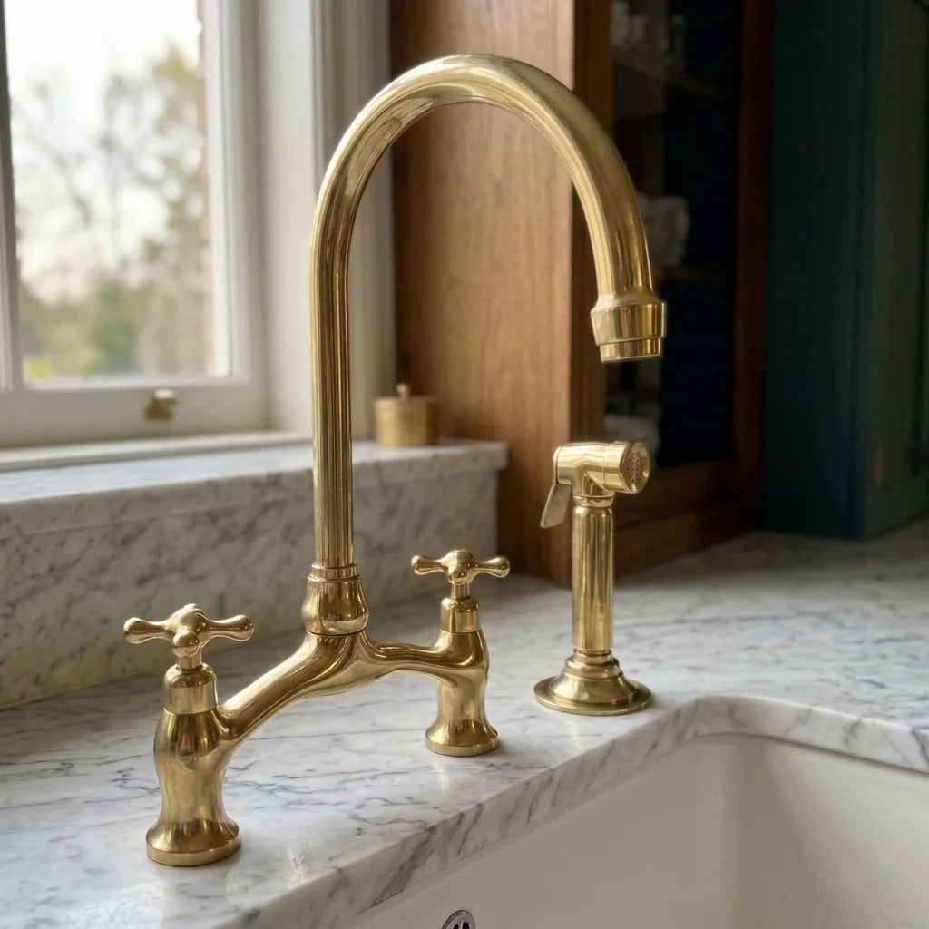 Brass Wishbone Bridge Kitchen Faucet with Cross Handles