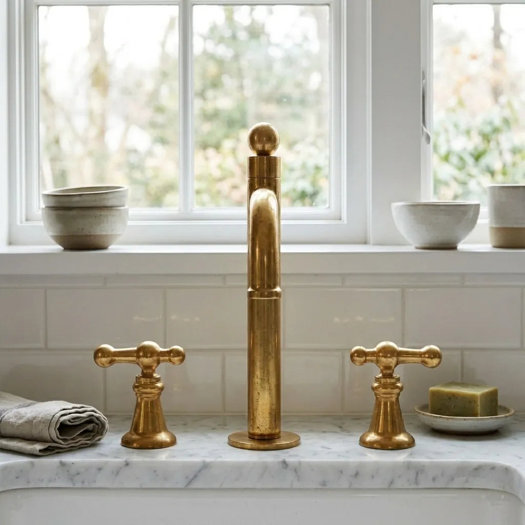 Vintage inspired brass kitchen faucet showcasing a warm golden finish and elevated horizontal spout design