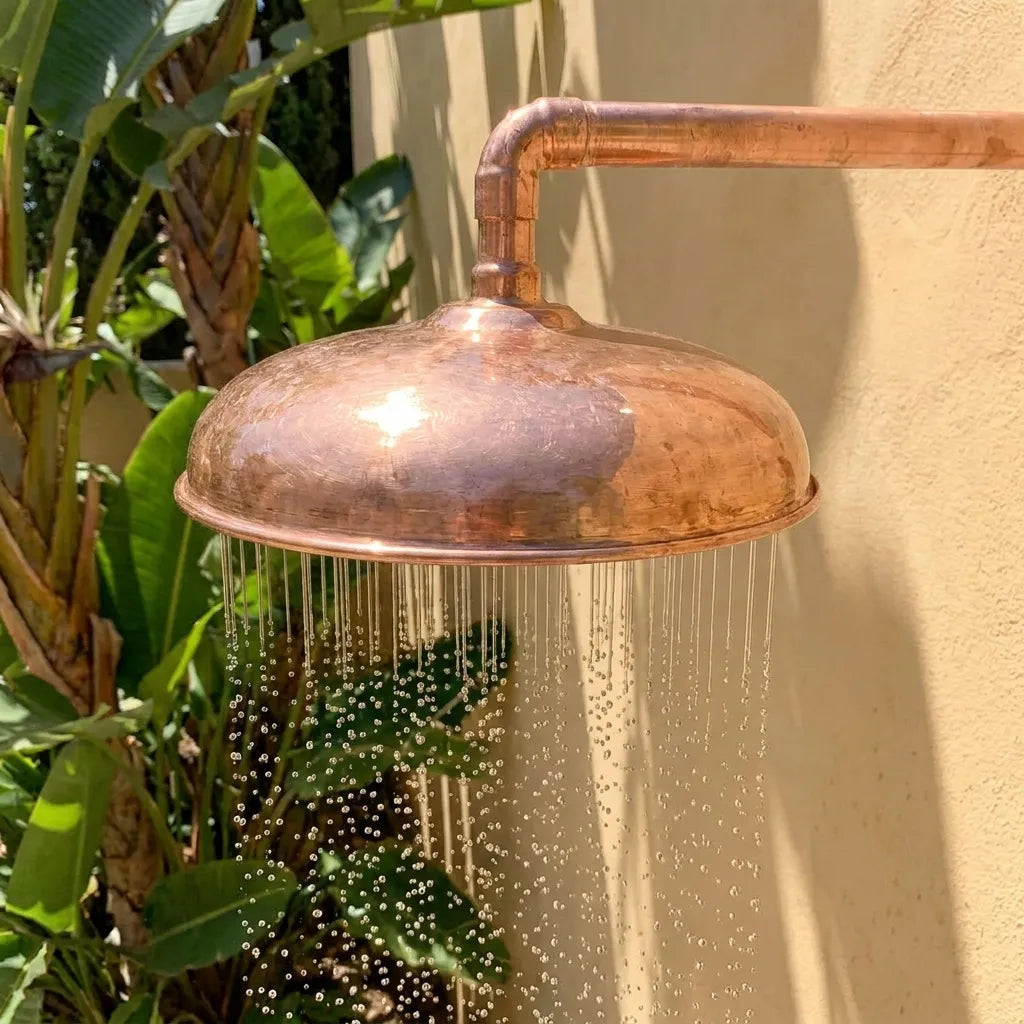 Rustic Copper Rain Shower Head with Exposed Arm for Luxury Outdoor Bathrooms