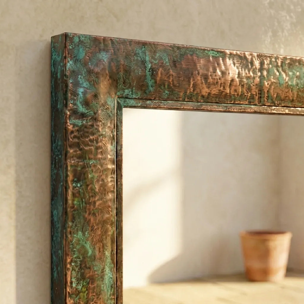 Rustic Copper Wall Mirror with Textured Verdigris Finish for Bathroom or Entryway Decor
