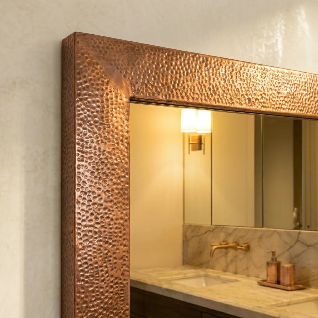 Rectangular Hammered Copper Vanity Mirror for Farmhouse, Rustic, and Mediterranean Interiors