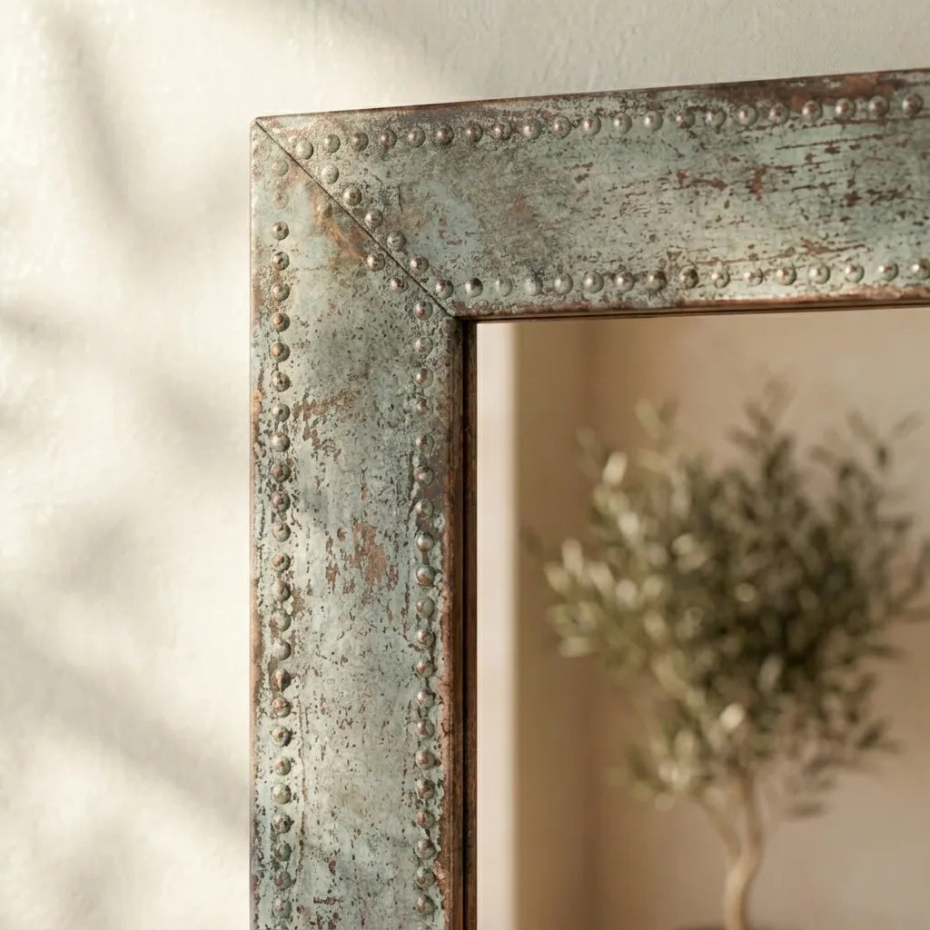 Rectangular Vintage Wall Mirror with Aged Tin Frame and Industrial Rustic Style Decor