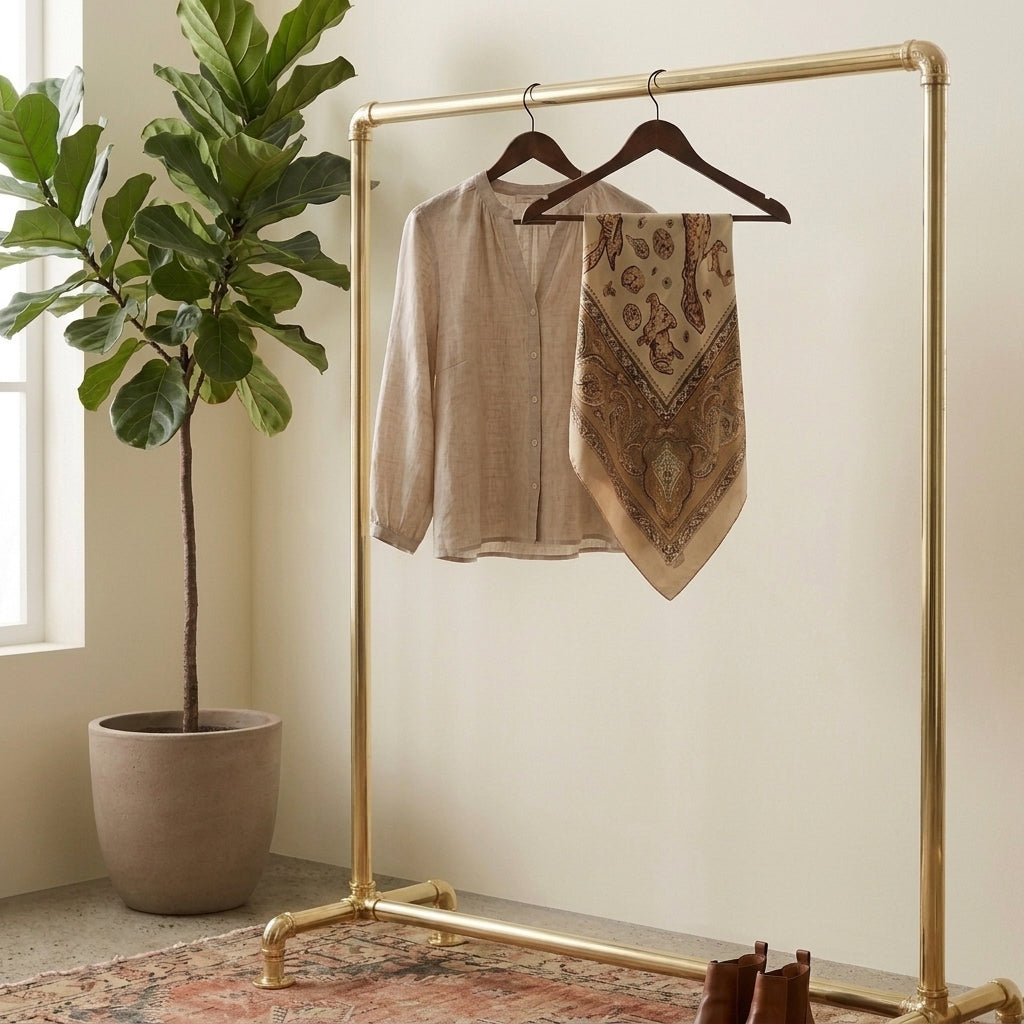Freestanding solid brass garment rack with minimalist open-frame design