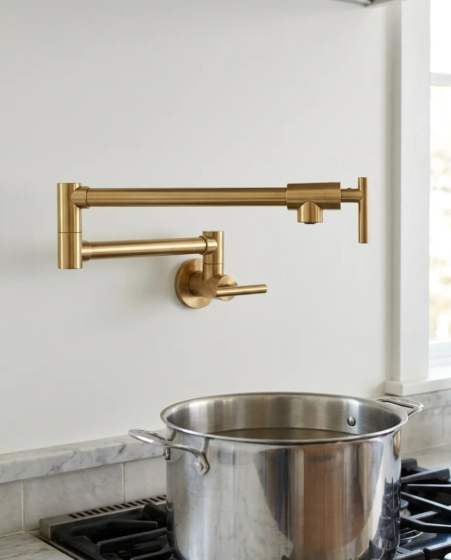 A wall-mounted brass pull-down faucet with a T-handle