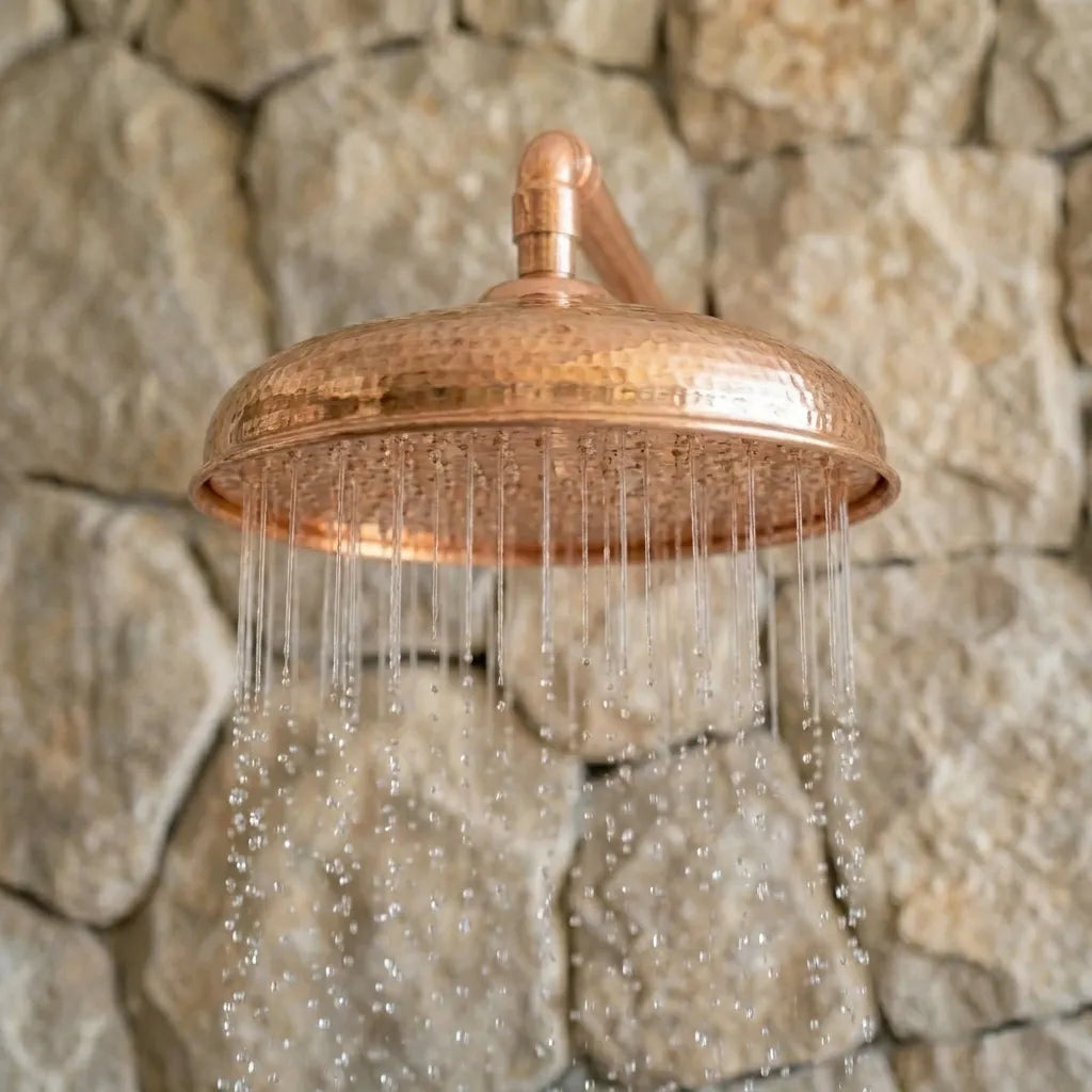 Luxury Copper Outdoor Shower System with Round Rain Head and Exposed Copper Arm