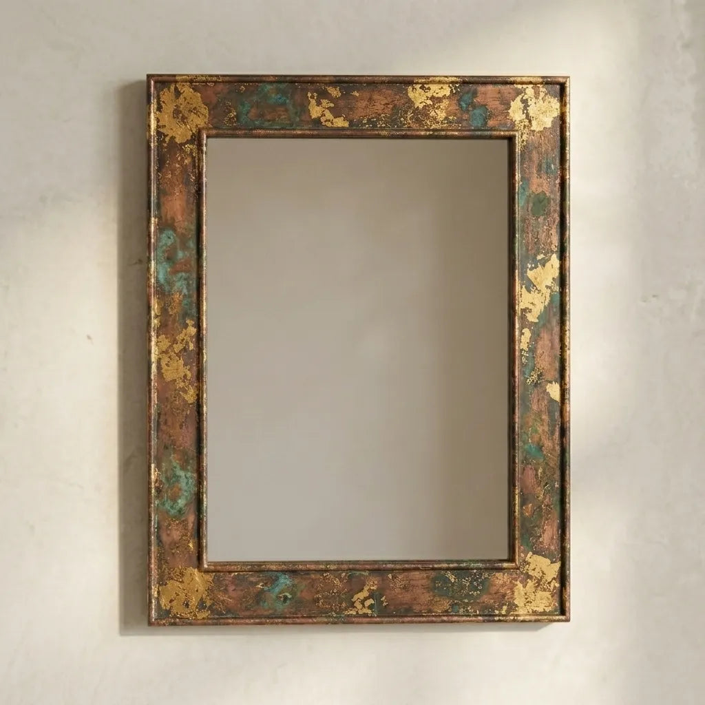 Handmade Rustic Copper Framed Mirror Featuring Aged Verdigris Finish