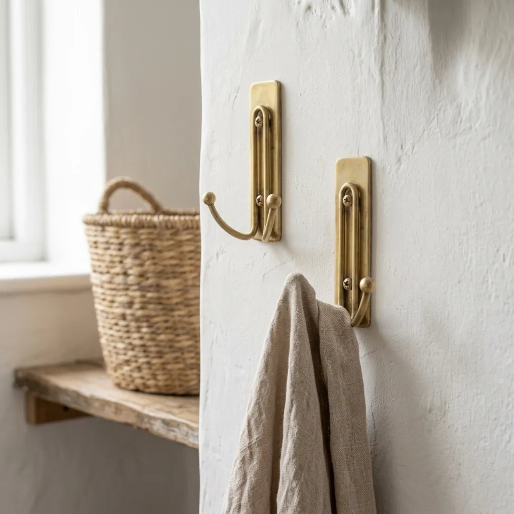 Traditional brass double wall hook with dual hanging arms for bathroom, kitchen, mudroom, or entryway organization.