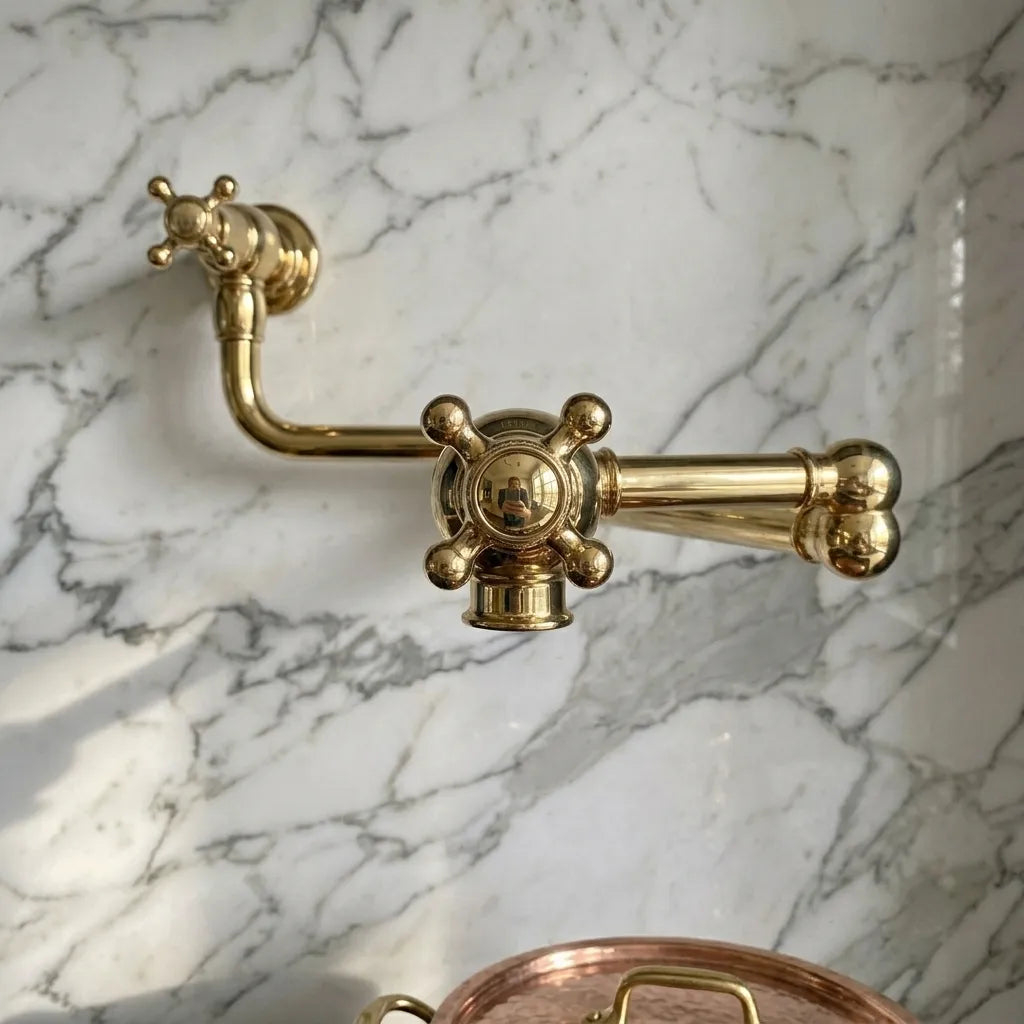 A polished brass wall-mounted kitchen faucet with a curved spout and decorative cross handles, shown installed against a white marble backsplash.