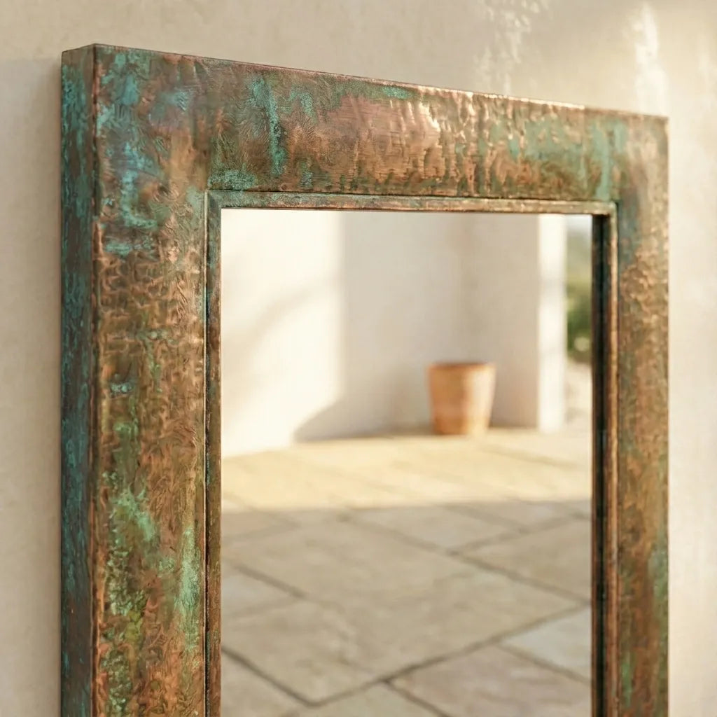 Handcrafted Verdigris Copper Wall Mirror with Oxidized Patina Frame for Farmhouse Interiors