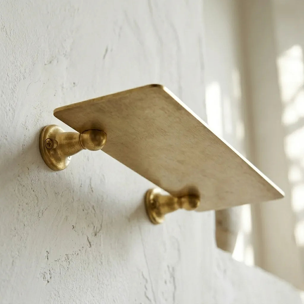 Solid brass floating shelf mounted on a textured wall, featuring a warm brushed finish and clean architectural lines