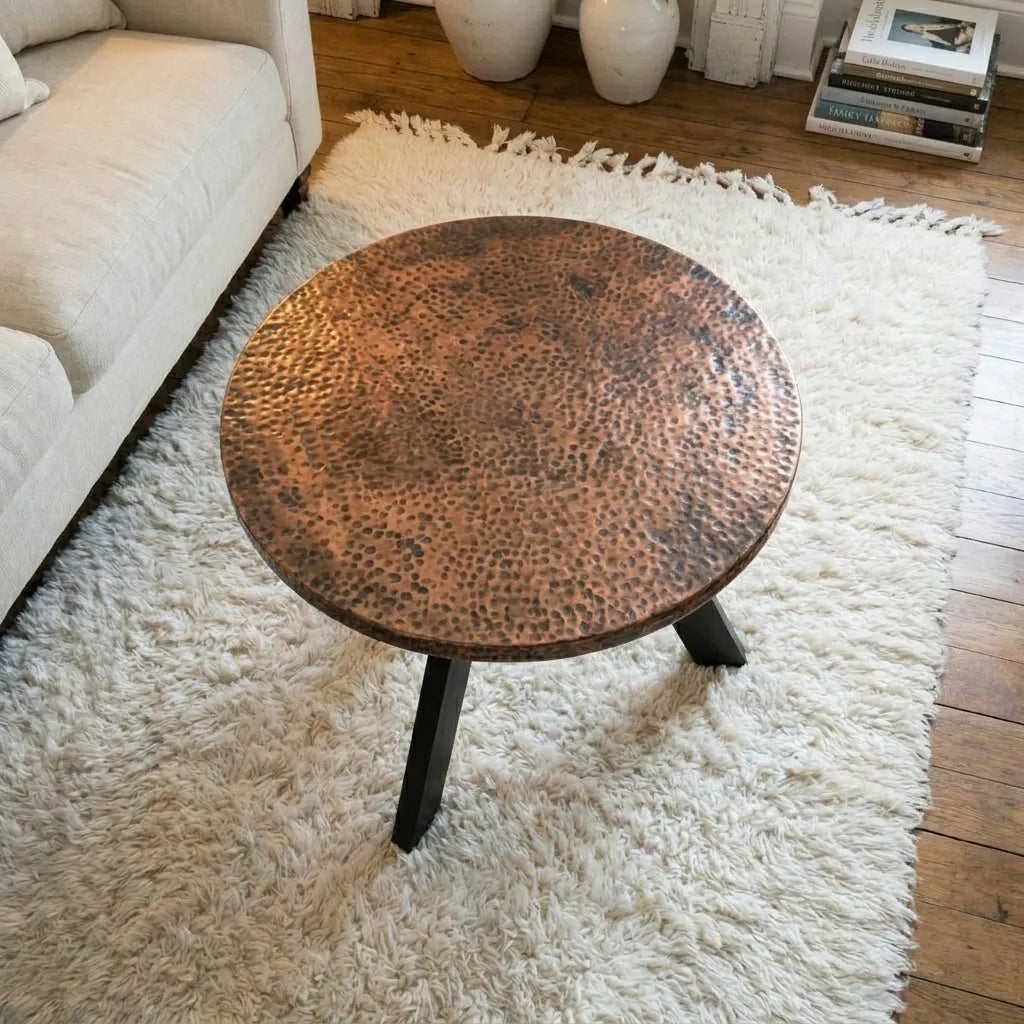 Handmade Copper Accent Table Featuring Textured Round Top for Living Room Decor