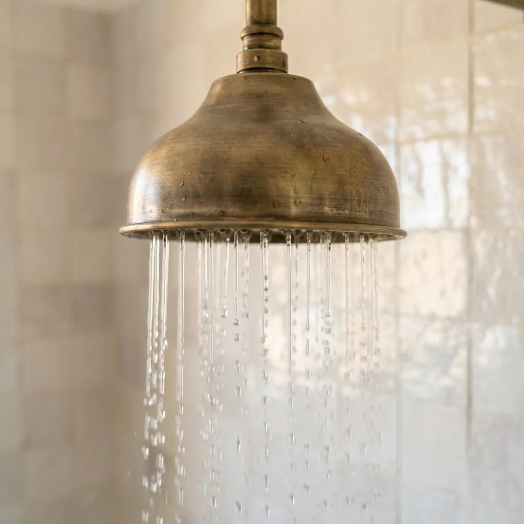 Custom brass shower system featuring a domed rainfall shower head, wall arm, handheld shower, and cross-handle mixer.