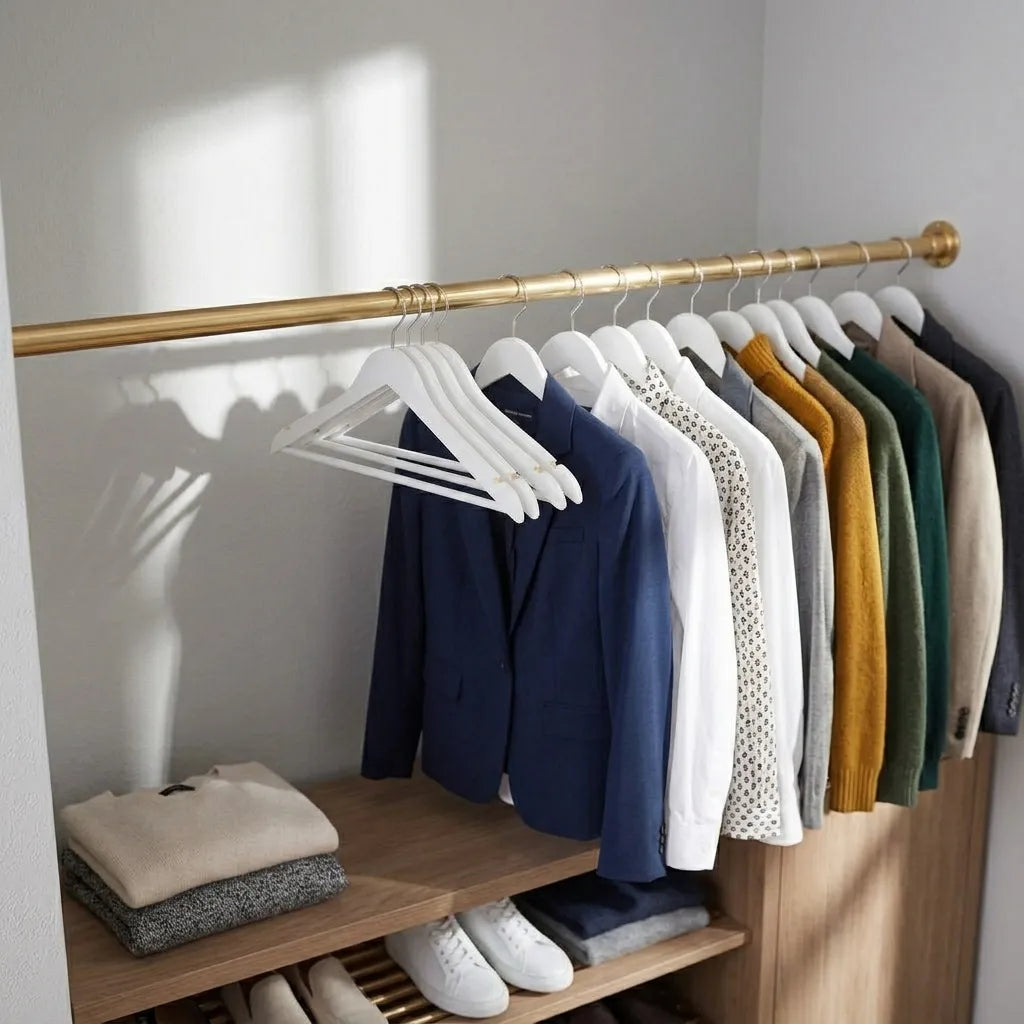 Unlacquered solid brass wall-to-wall garment rod with wooden clothes hangers.