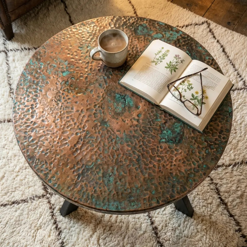Artisan Hammered Copper Living Room Table with Aged Patina and Circular Design