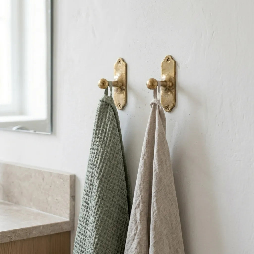 Handcrafted brass coat and towel hook featuring a classic backplate and rounded ball tip for wall storage.