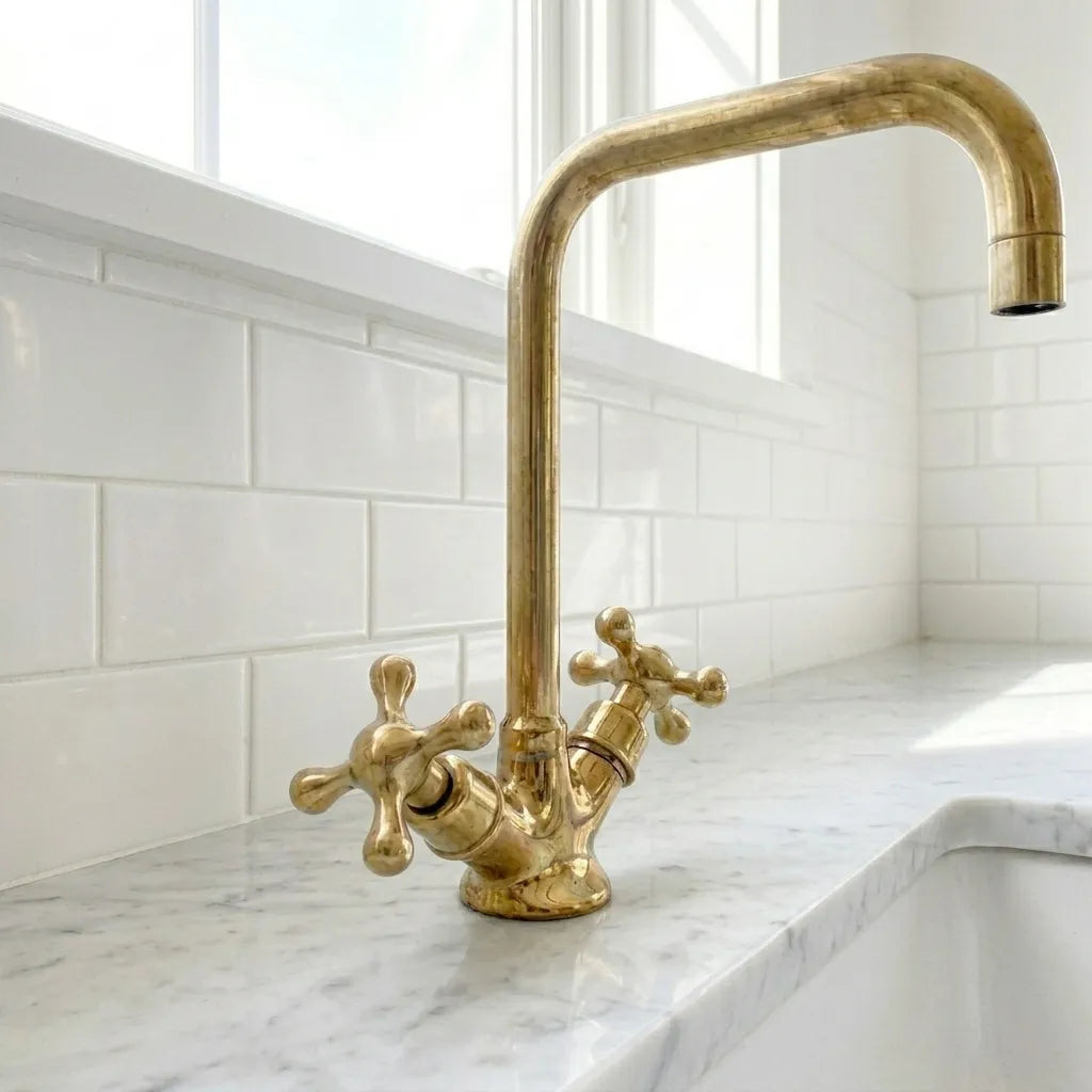 Vintage inspired brass vanity faucet with geometric arch spout and dual handle design beside a white basin