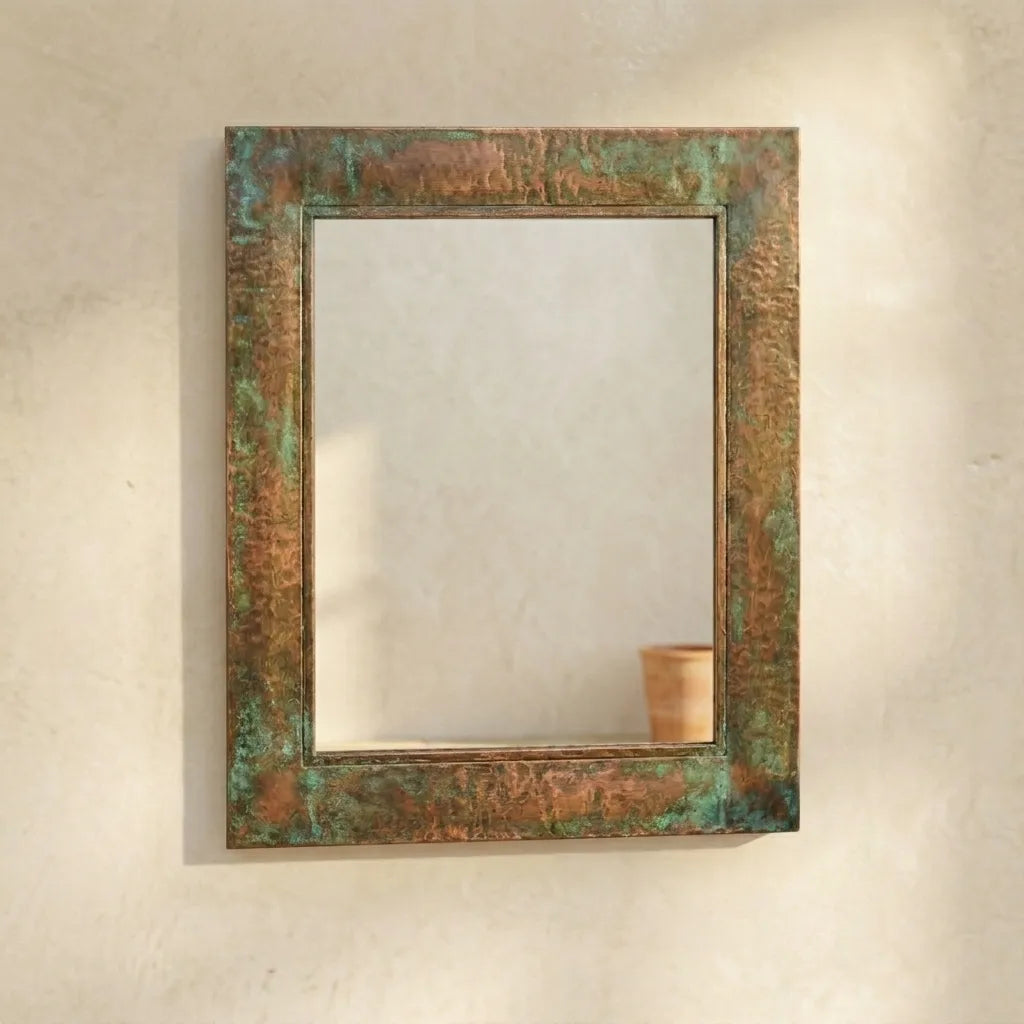 Verdigris Copper Wall Mirror with Green Patina Frame and Handmade Artisan Finish