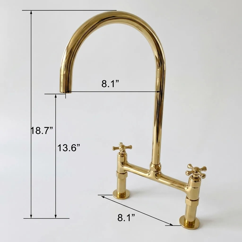 Gold bridge faucet with cross handles, shown with dimension lines and measurements including 18.7 inches height, 13.