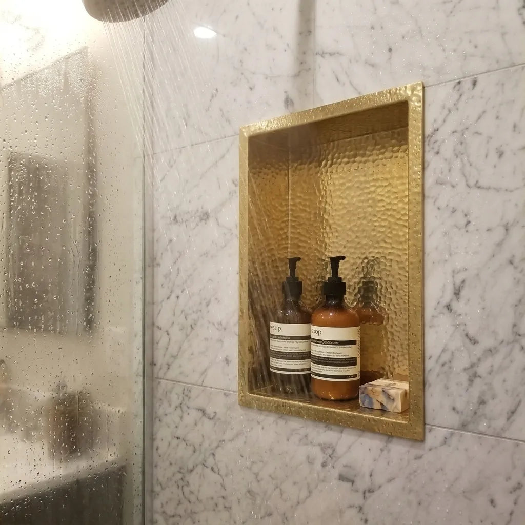 Hand Hammered Solid Brass Recessed Shower Niche for Built-In Storage