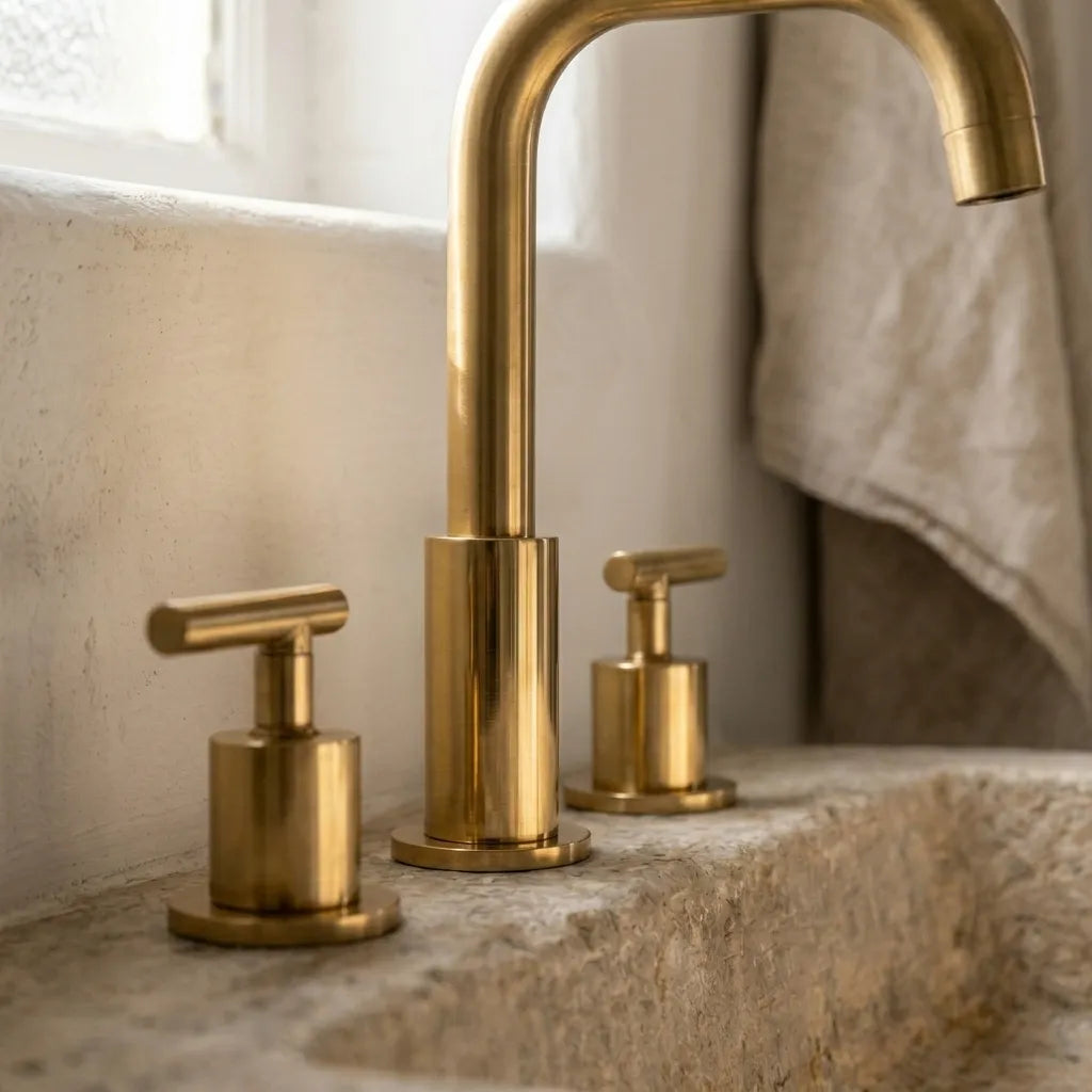 A close-up of a three-hole bathroom faucet set in brushed brass, mounted on a stone sink with a textured wall and towel in the background.
