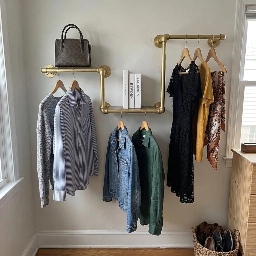 Solid brass wall wardrobe system with integrated shelf and hanging rails