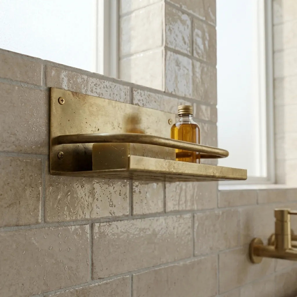 Handmade Brass Soap Dish Shelf Featuring Open Drain Slots and Rustic Finish