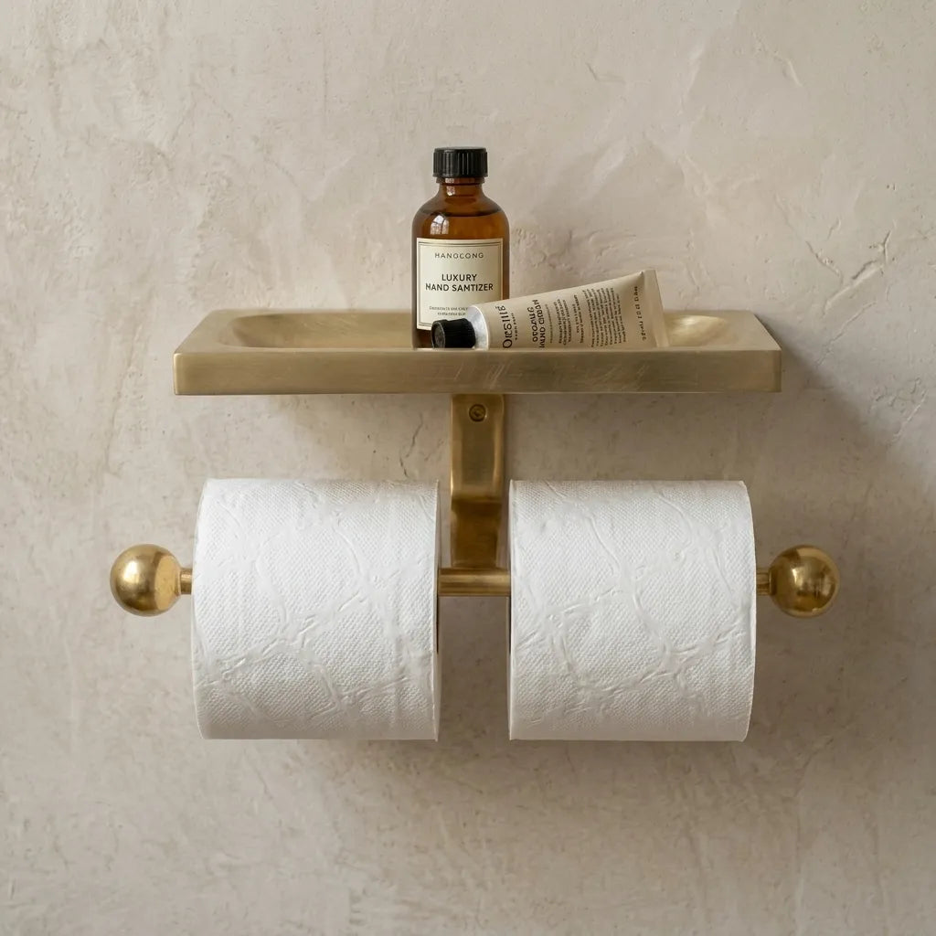 Solid brass toilet paper holder with integrated storage shelf and dual roll design for modern bathrooms
