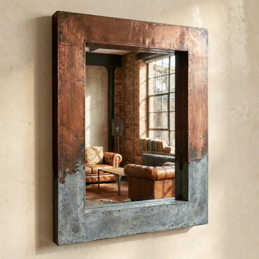 Industrial Copper and Zinc Wall Mirror with Distressed Metal Frame and Rustic Loft Style