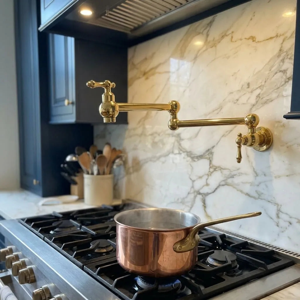 A polished brass wall-mounted kitchen faucet with a flexible gooseneck spout and lever handles, installed above a gas stove with a copper pot on a white marble backsplash.