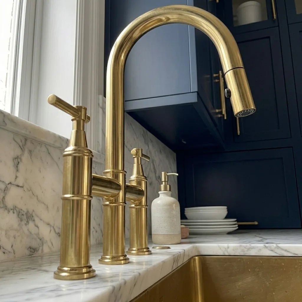 A polished brass bridge faucet with a high-arc spout and separate handles, installed on a white marble kitchen countertop with a matching brass sink basin and dark navy cabinets in the background.