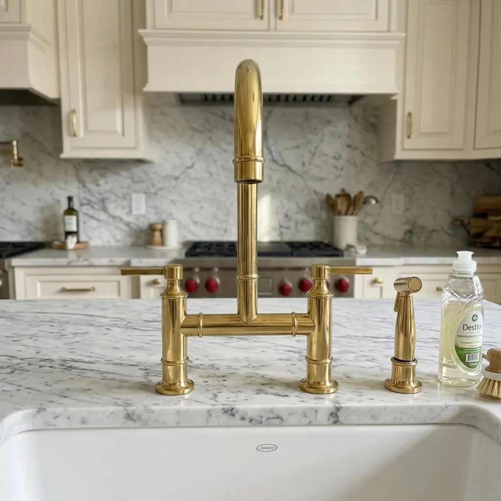 A polished brass bridge faucet with a tall gooseneck spout and separate side sprayer, installed on a white marble kitchen sink countertop in a bright kitchen.