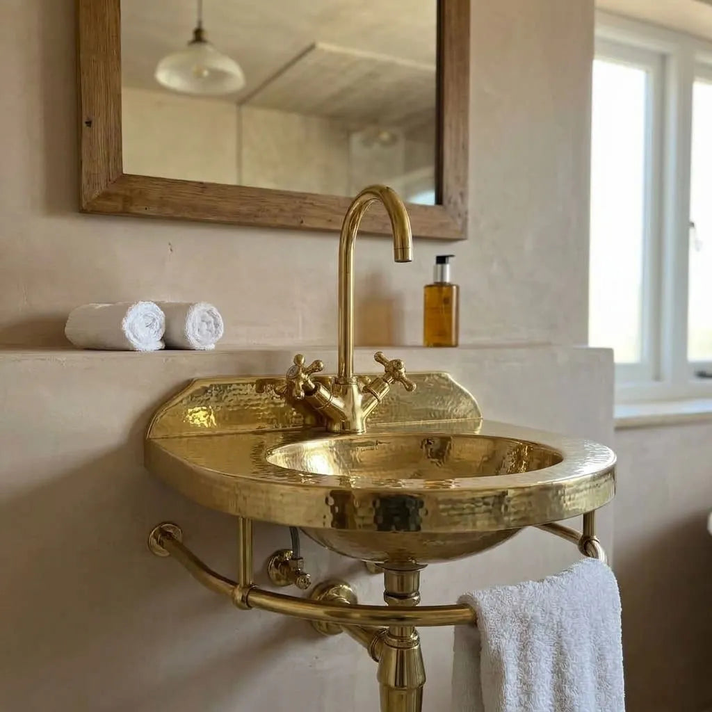Handcrafted hammered brass wall-mounted bathroom sink with integrated towel rail and faucet