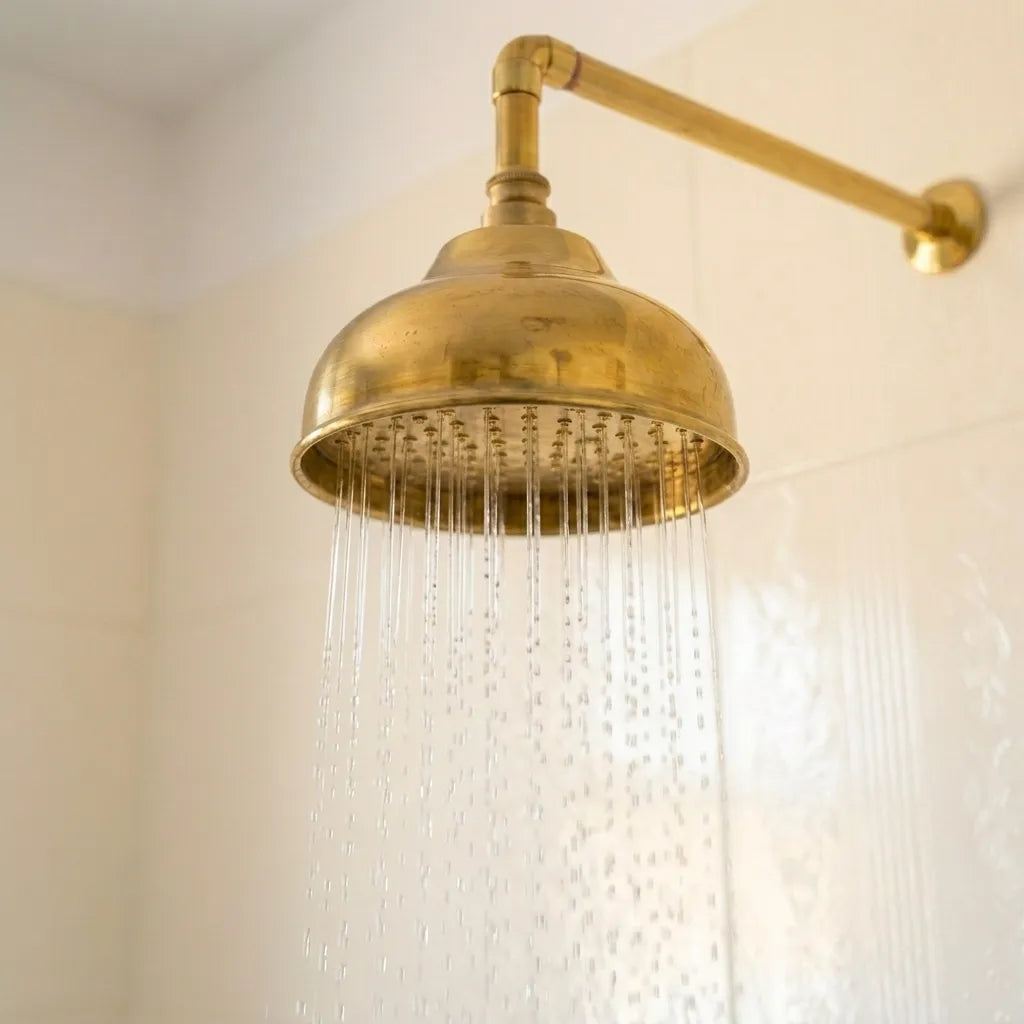 Luxury brass shower system with wall-mounted rain shower, cross handles, and hand shower in a modern bathroom.