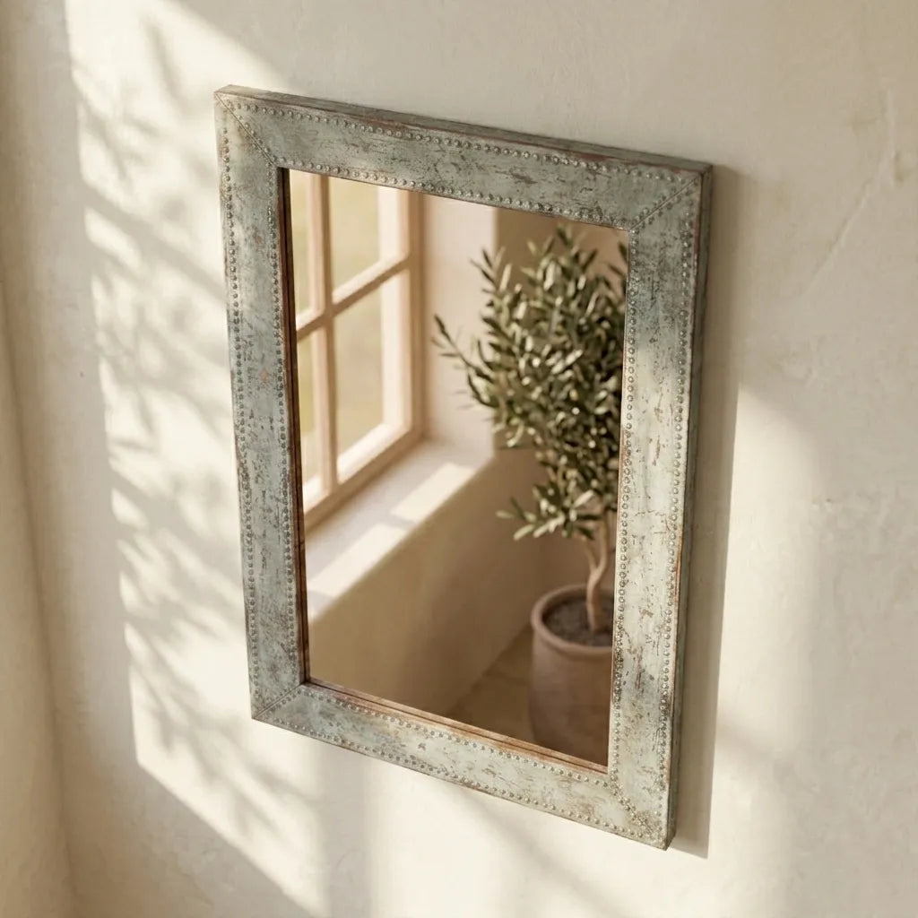 Rustic Metal Wall Mirror Featuring Antiqued Pewter Frame and Rectangular Design