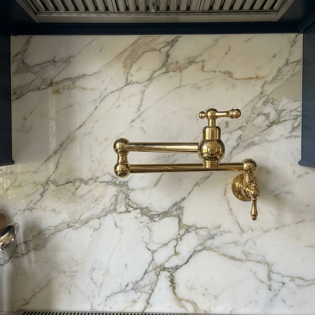 A polished brass wall-mounted faucet with a cross-handle and flexible arm, installed on a white marble backsplash with gray veining.