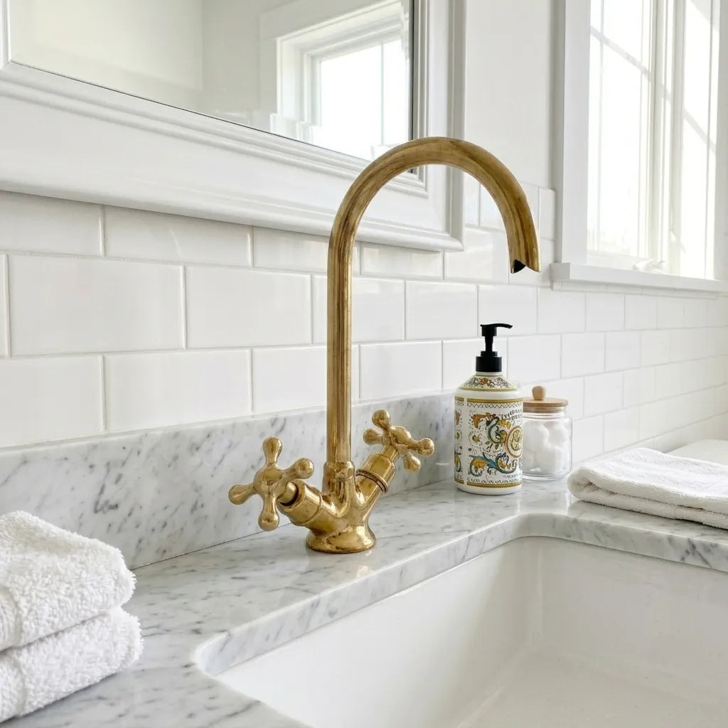 Traditional brass bathroom sink faucet featuring dual cross controls and an elevated curved spout beside a farmhouse basin