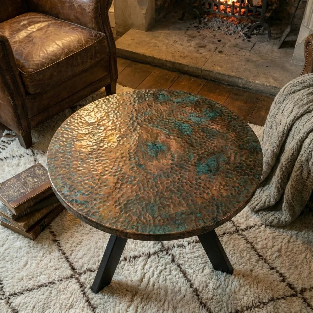 Verdigris Copper Coffee Table with Hammered Round Top and Rustic Fireplace Setting