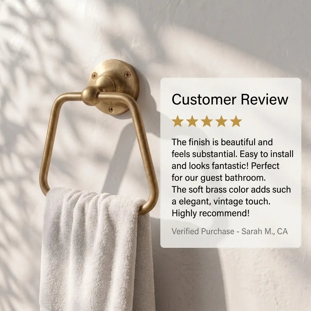 A brass towel ring mounted on a textured white wall, holding a white towel. A semi-transparent 'Customer Review' card with a five-star rating and customer testimonial is overlaid on the right side.