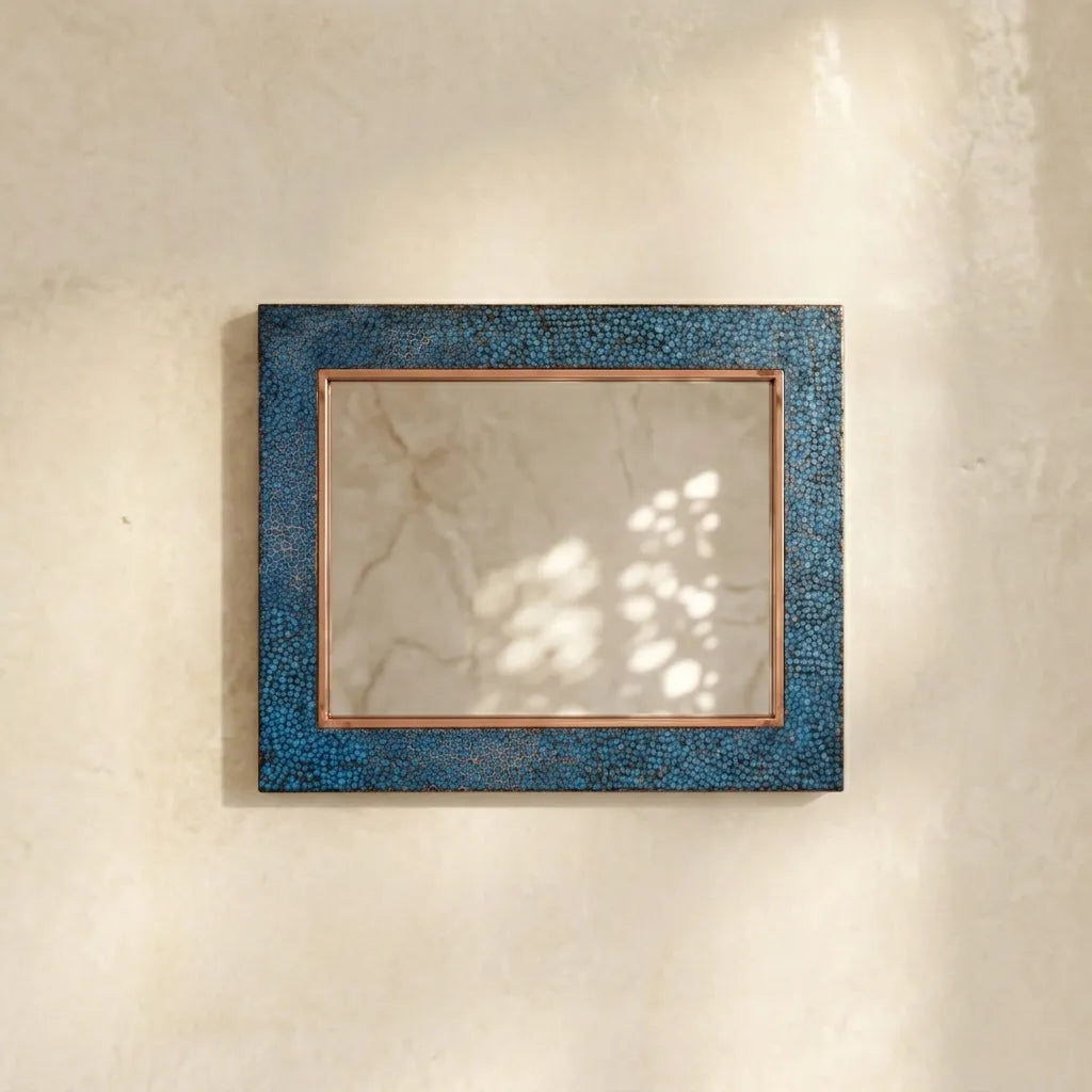 Handmade Oxidized Copper Mirror Featuring Blue Patina Frame and Modern Rustic Style