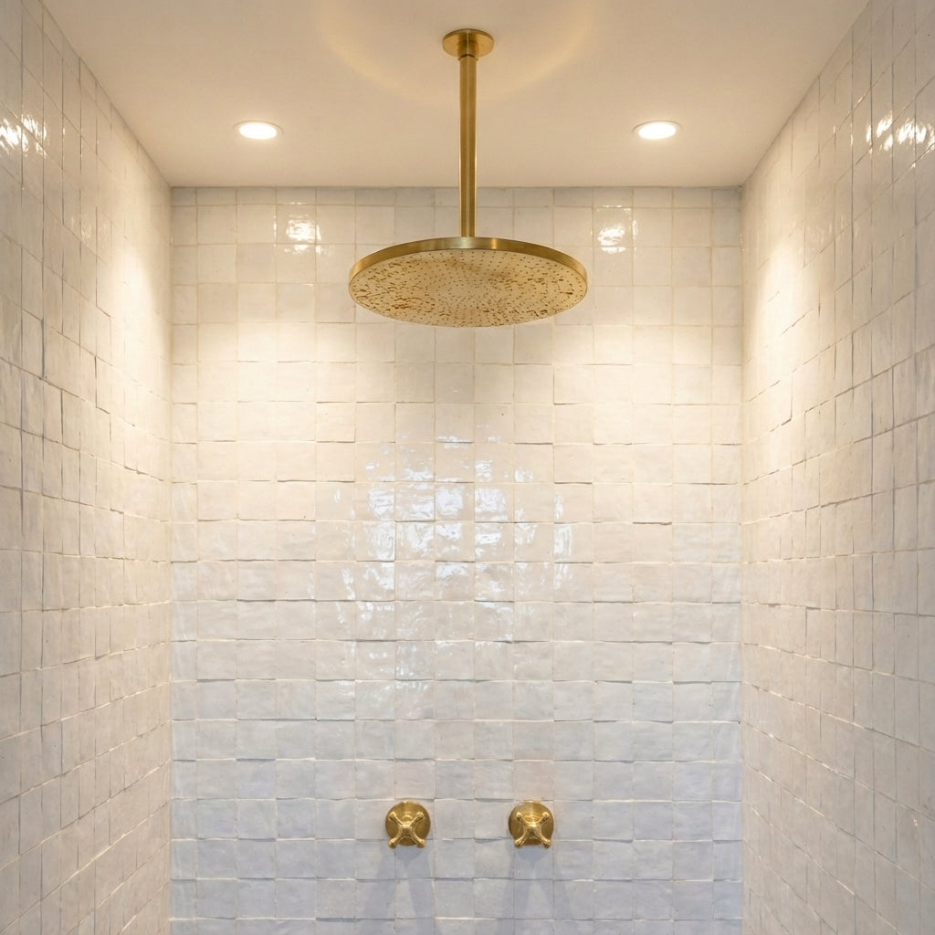 Ceiling mounted solid brass rain shower head in modern tiled bathroom