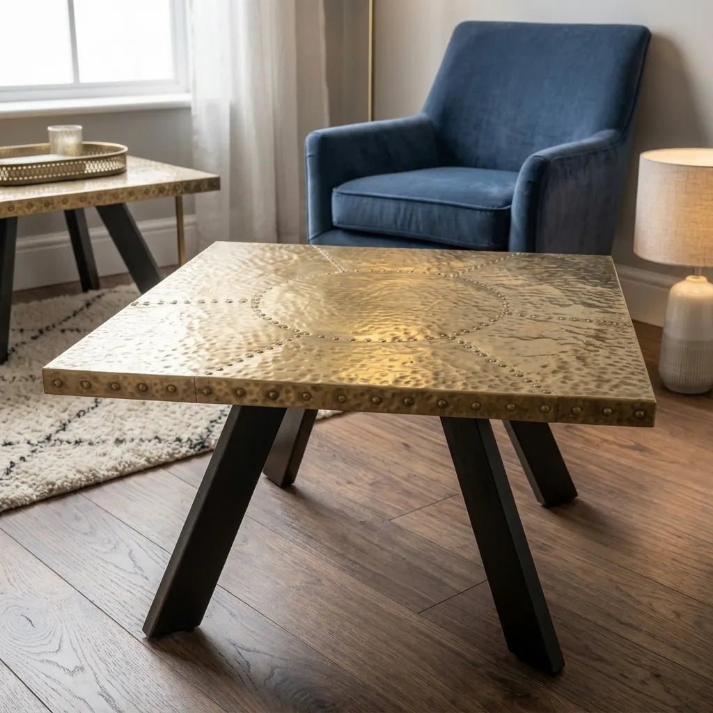 Square polished brass coffee table with decorative rivet detailing