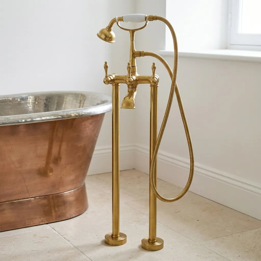 A freestanding brass bathtub faucet with a handheld shower hose and shower head, shown beside a copper freestanding bathtub in a bright bathroom.