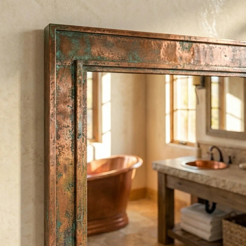 Rectangular Copper Framed Mirror with Weathered Patina Finish for Vintage Interiors