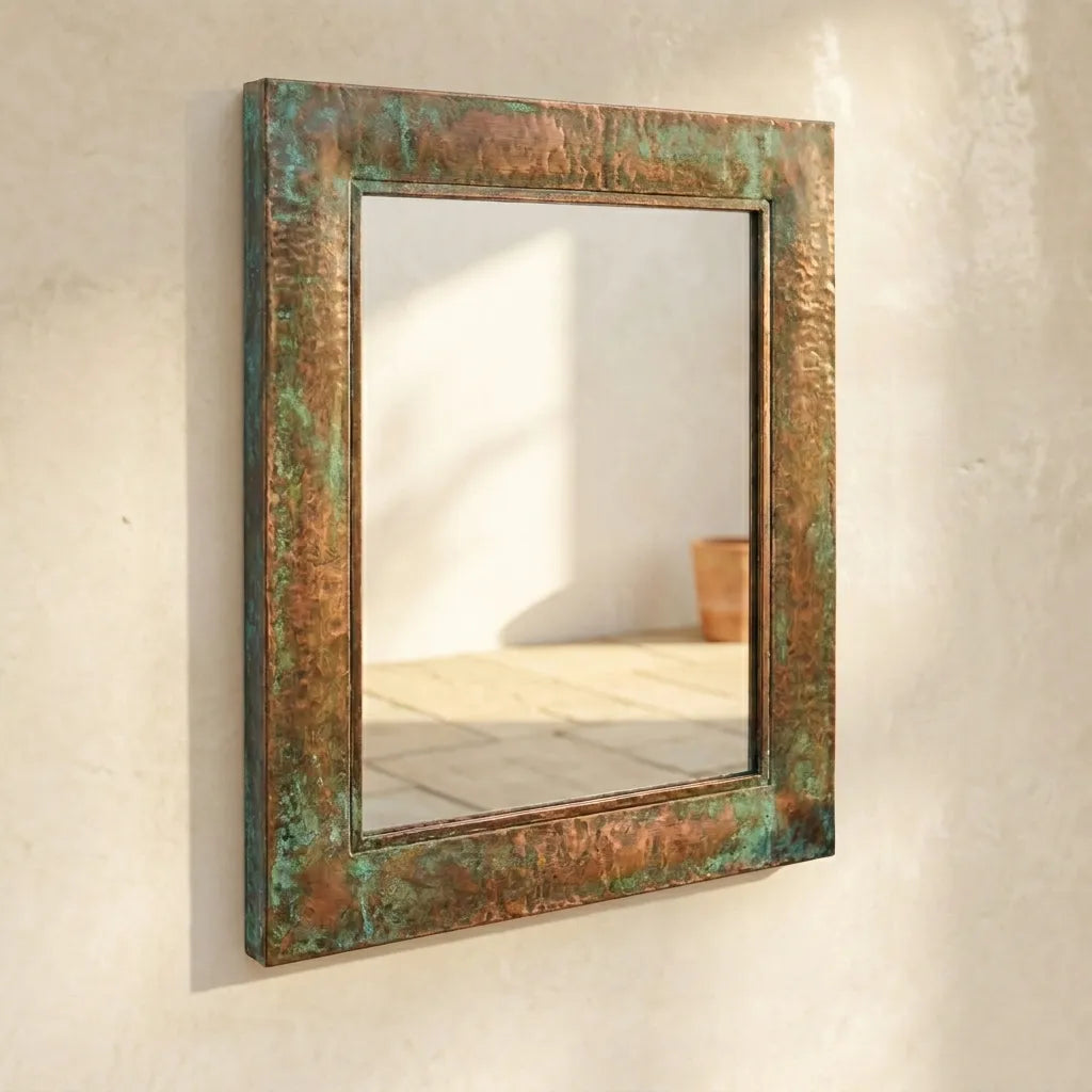 Rectangular Oxidized Copper Mirror Featuring Aged Verdigris Patina for Rustic Decor
