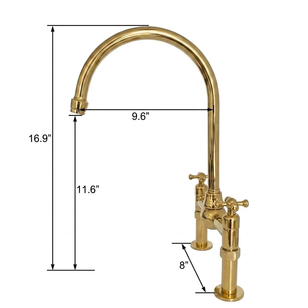 Gold kitchen faucet with dual handles and dimension annotations showing height, width, and base depth on a white background.