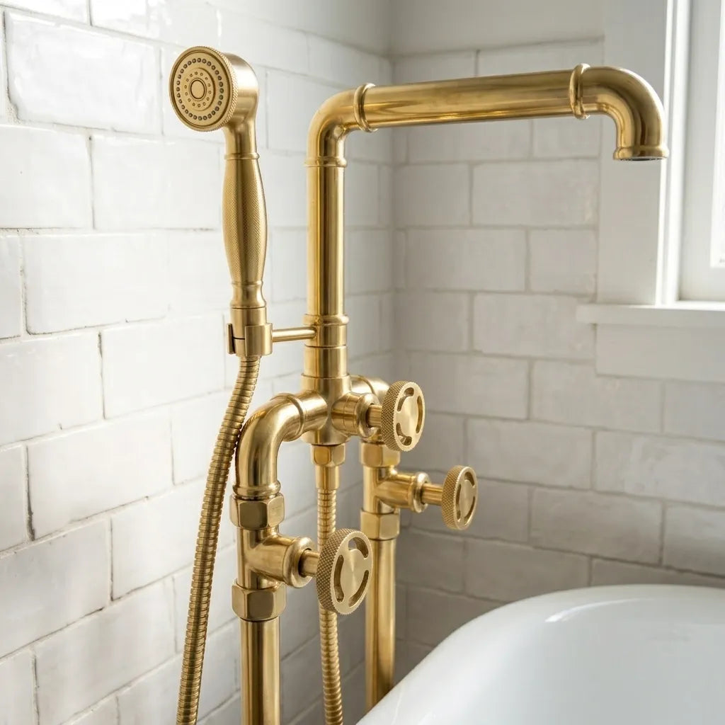 A vintage-style brass bathtub faucet set with a handheld shower head, flexible hose, and control valves, installed against a white subway tile wall next to a white bathtub.