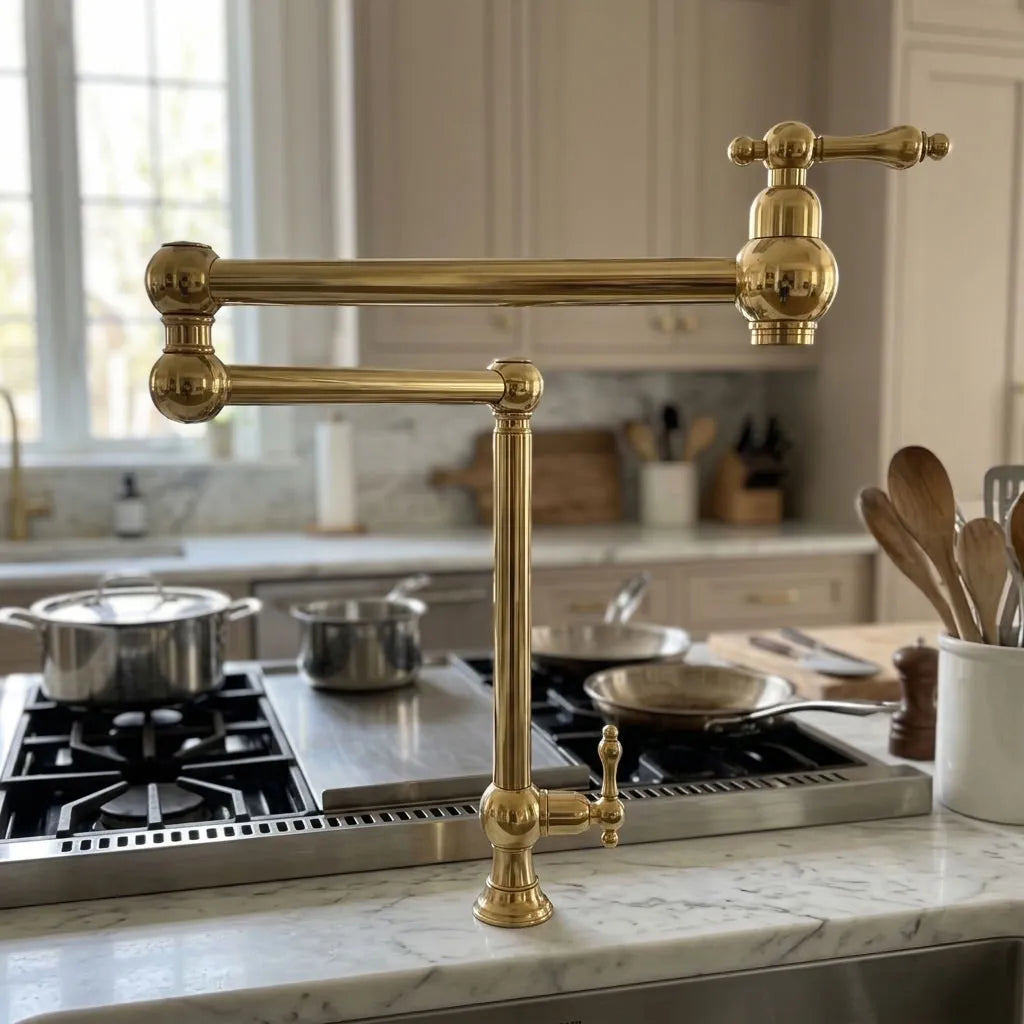 An antique brass bridge faucet with a high-arc spout and cross-handle, installed on a white marble kitchen counter in front of a gas stove.
