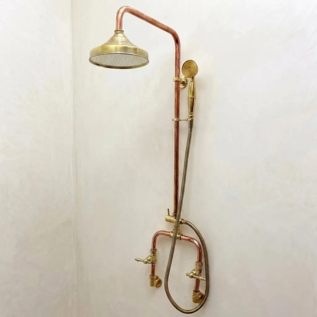 Wall mounted exposed copper shower with brass rain shower head, handheld sprayer and exposed plumbing