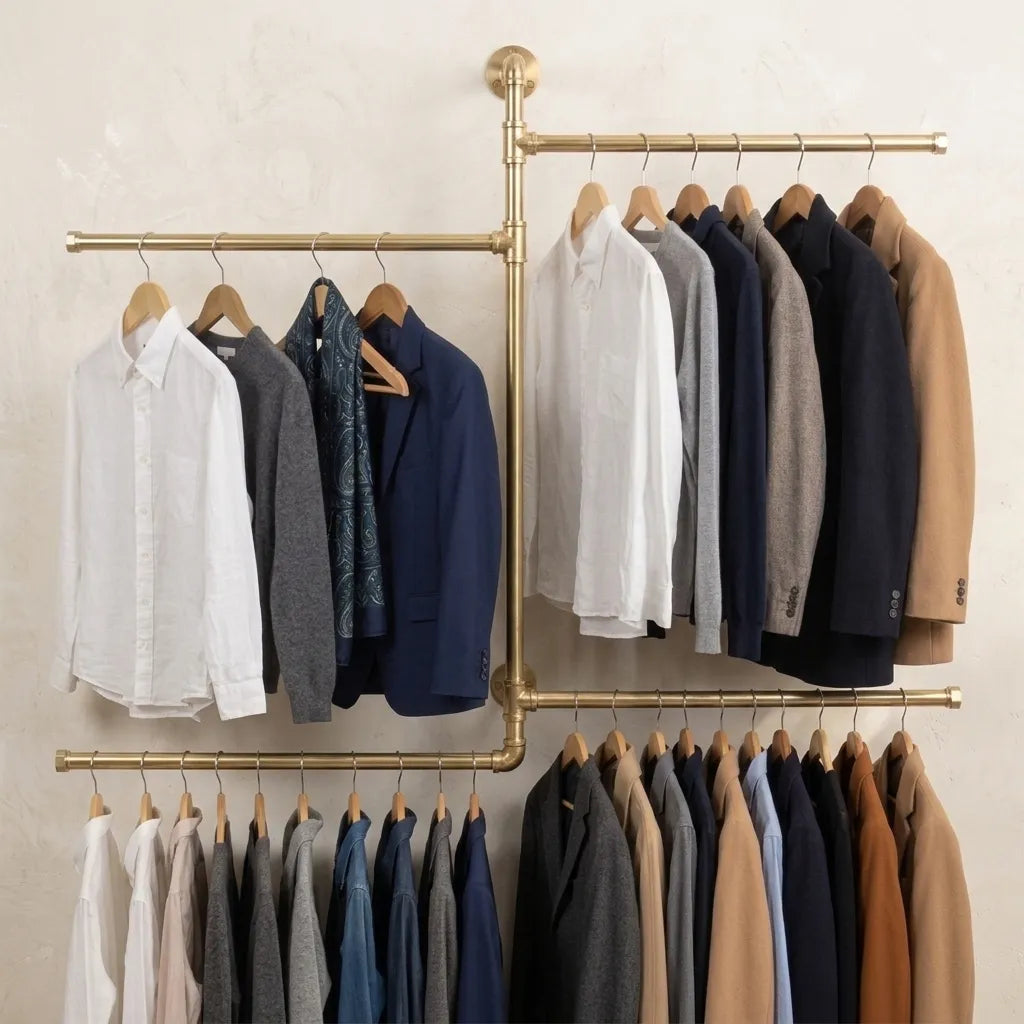 Modular solid brass wardrobe rail system with multiple hanging rods for walk-in closet storage.